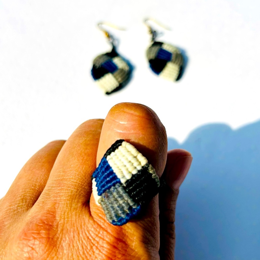 Macrame Earrings Ring Set Black White Blue Hand Made